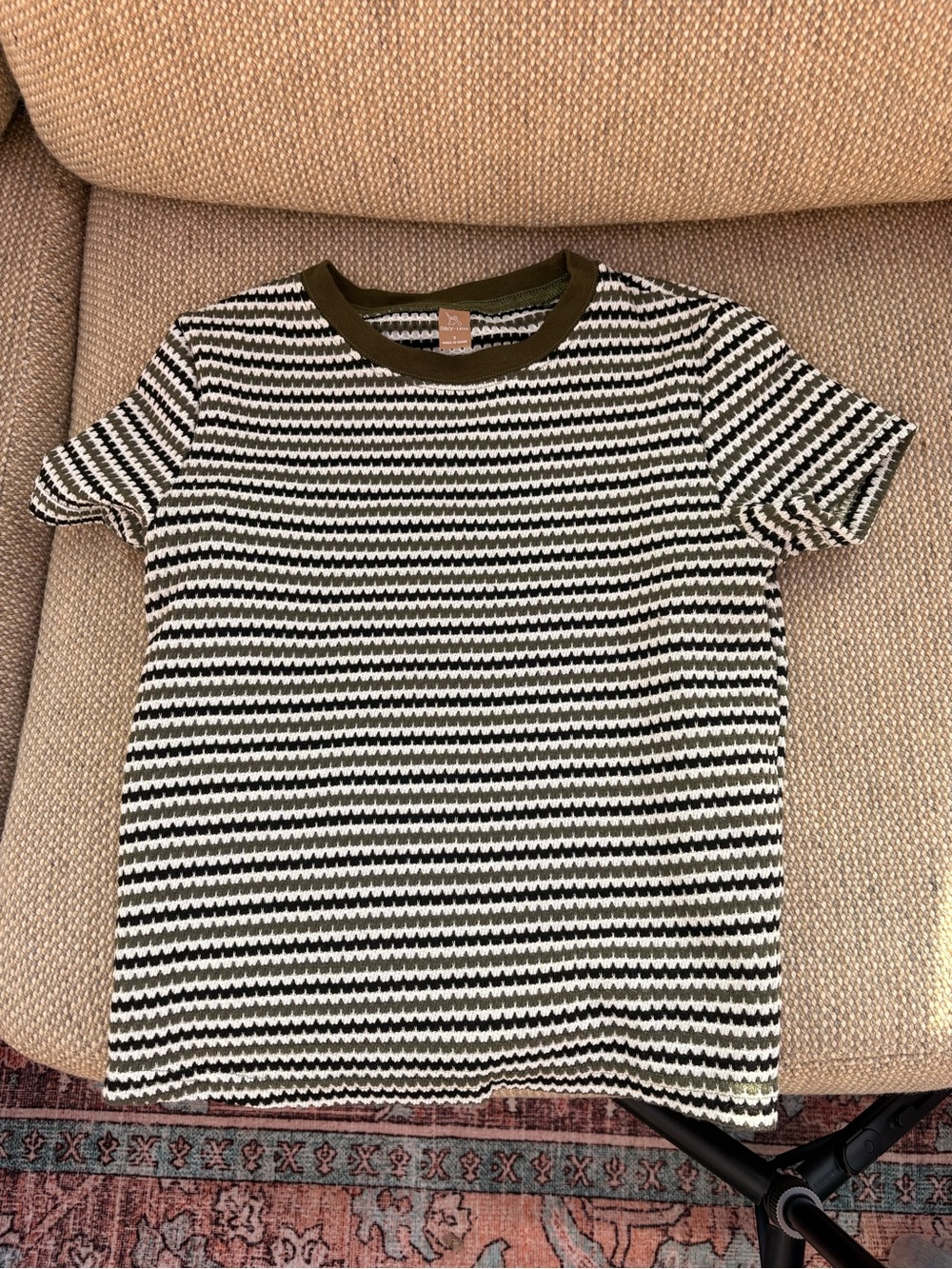 Striped Knit Tee with Olive Trim